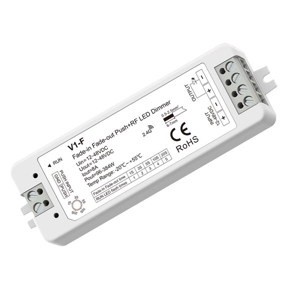 V1-F Fade-in Fade-out LED Dimmer, 12-48V, 1x 8A, Push-Dimm